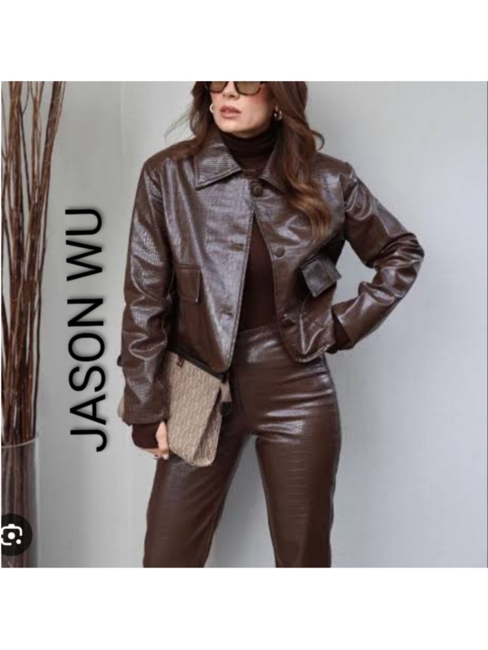 Jason Wu Croc Embossed Moto Vegan Brown Y2K Faux Leather Coat- Size Large